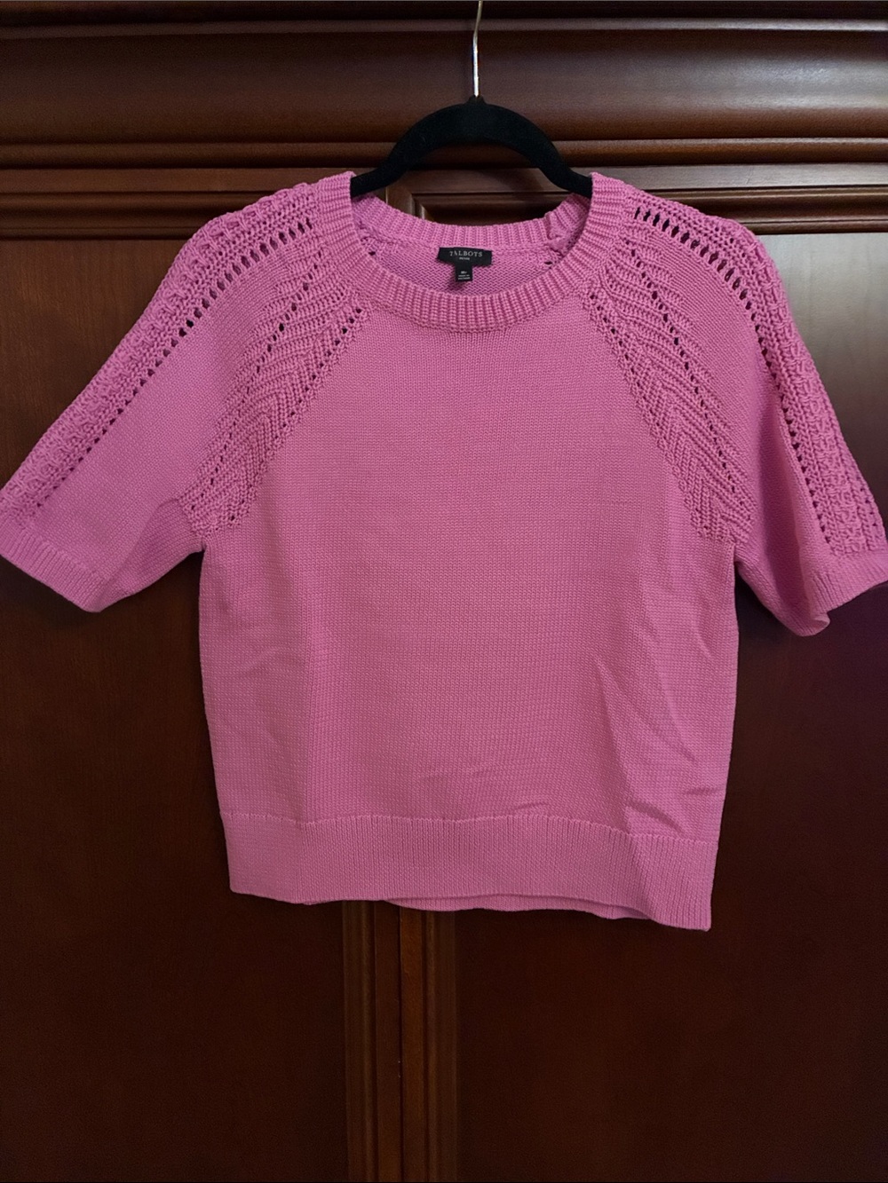 Talbots Womens Pink Short-Sleeve Knit Sweatshirt with Eyelet Shoulder Detail